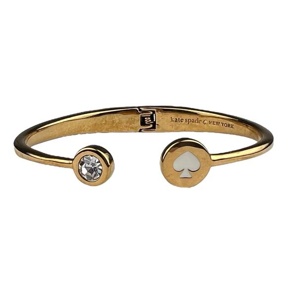 Kate Spade Spot the Spot Logo Open Hinged Cuff Bangle Gold Tone Bracelet - Picture 1 of 7